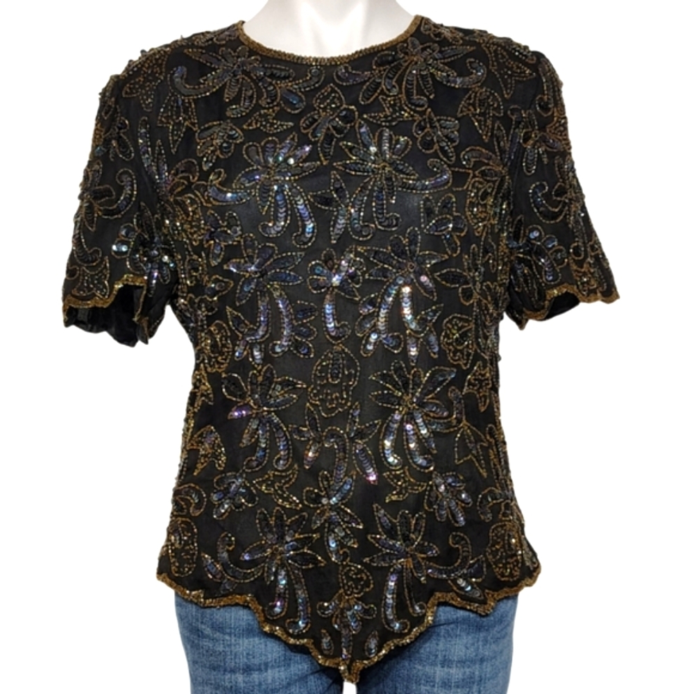 Vintage Papell Boutique Evening Blouse Sequin Silk Beaded Top Cote d' Azur - Picture 5 of 9